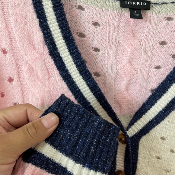 Plus Sz 1X Torrid Vegan Cashmere Pullover Henley Striped Sweater Pink Navy Beige - Picture 6 of 8
